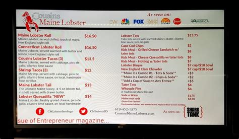 Cousins lobster truck menu - Specialties: Cousins Maine Lobster proudly serves premium Maine seafood, bringing an authentic Maine culinary experience to our guests as we source and serve premium, wild-caught, lobster from Maine. Beyond the bite, we want you to enjoy your experience and that is why we are thrilled to bring the Maine lobster shack experience to Los Angeles, …